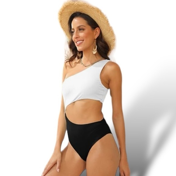 One Piece One Shoulder Cut Out Ribbed Midriff Cut-Out Swimsuit Black/Whi… - Picture 10 of 12